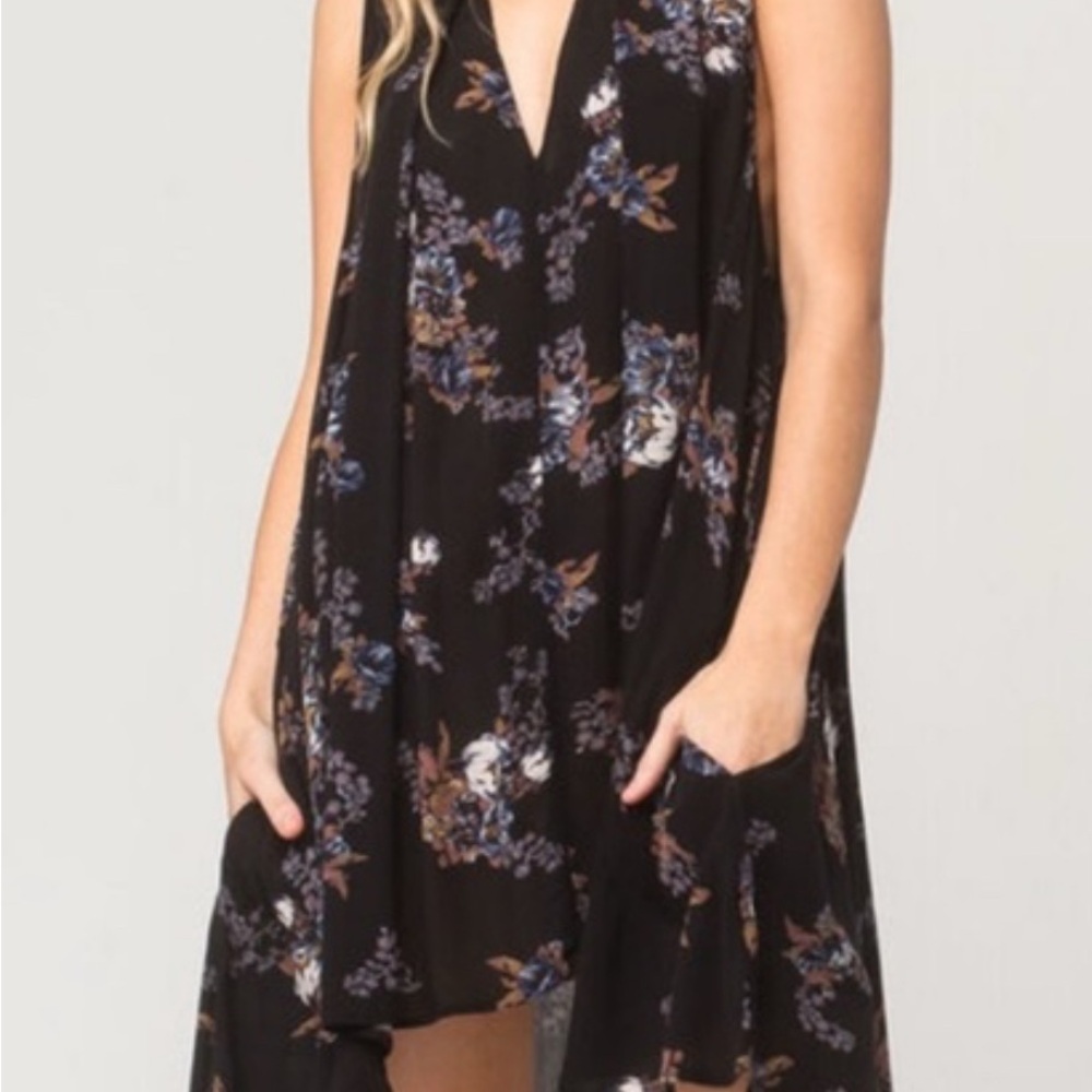 Free People Charcoal Floral V-Neck Tunic dress/Top M